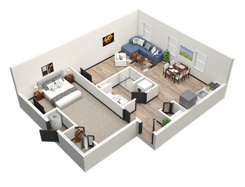 Floor plan for 1 bed, 1 bath, 750 sqft